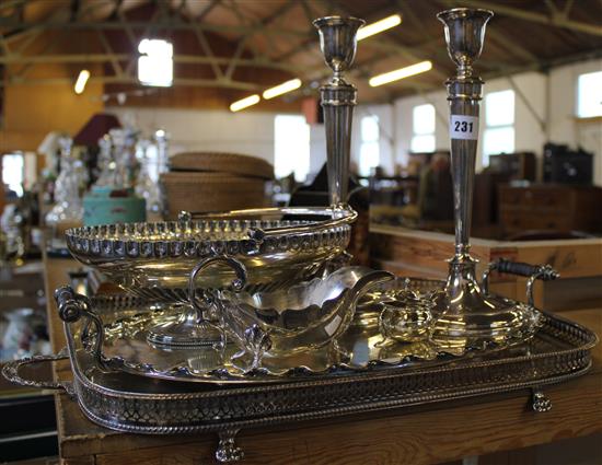 2 plated trays, candlesticks etc